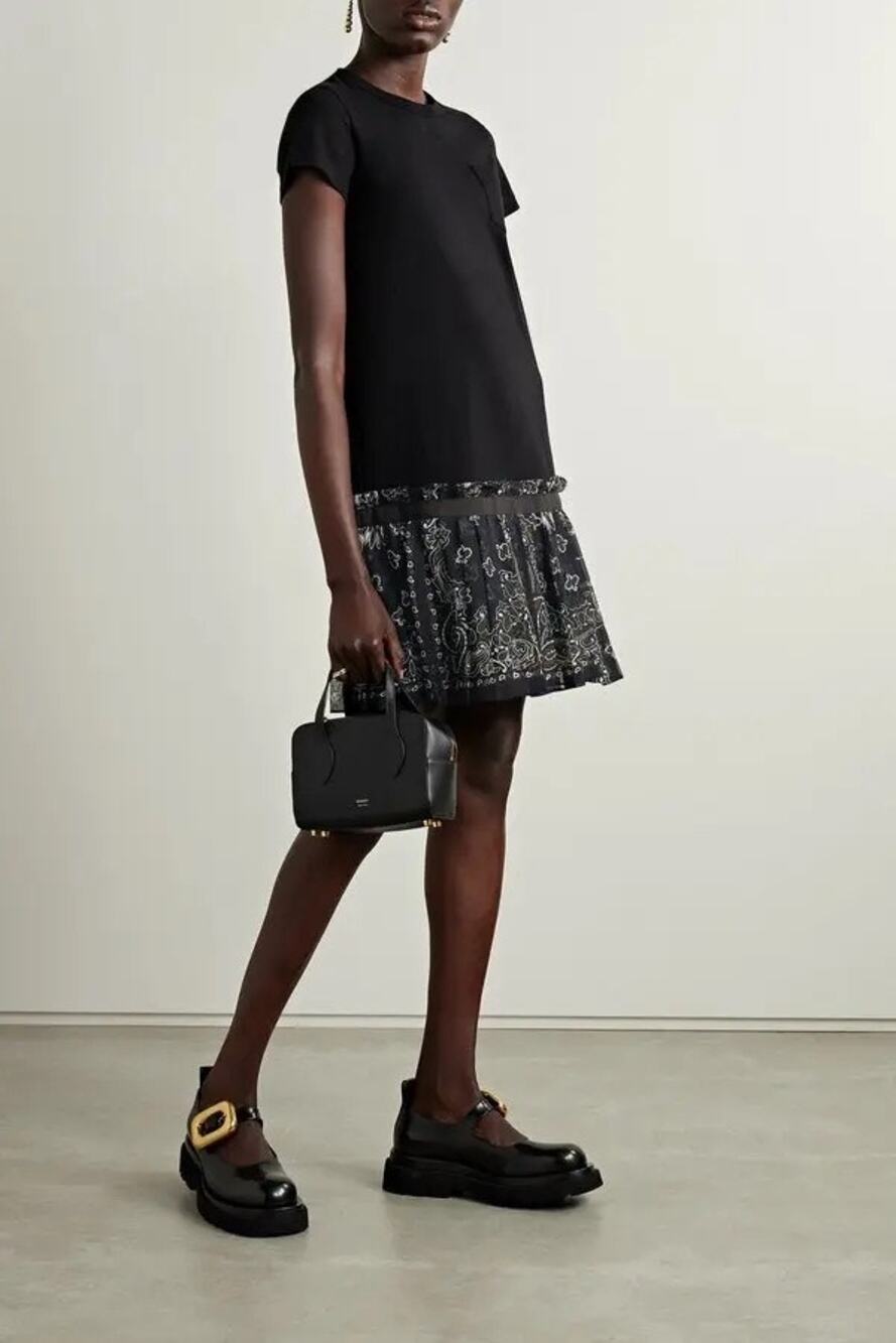 Sacai Cotton Jersey Paisley Print Pleated Chiffon Mini Dress Black Size 2 (M)